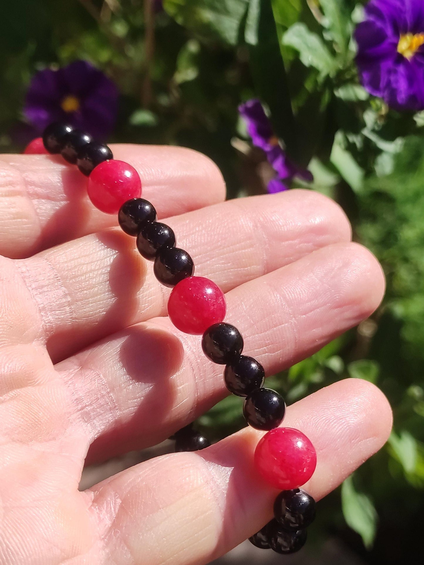 Rhodonit rot + Turmalin (Schorl) AAA *Rarität* - Edelstein Armband Stretch schwarz Perlen Glück Mann Frau Er Sie Geschenk Freund Energie