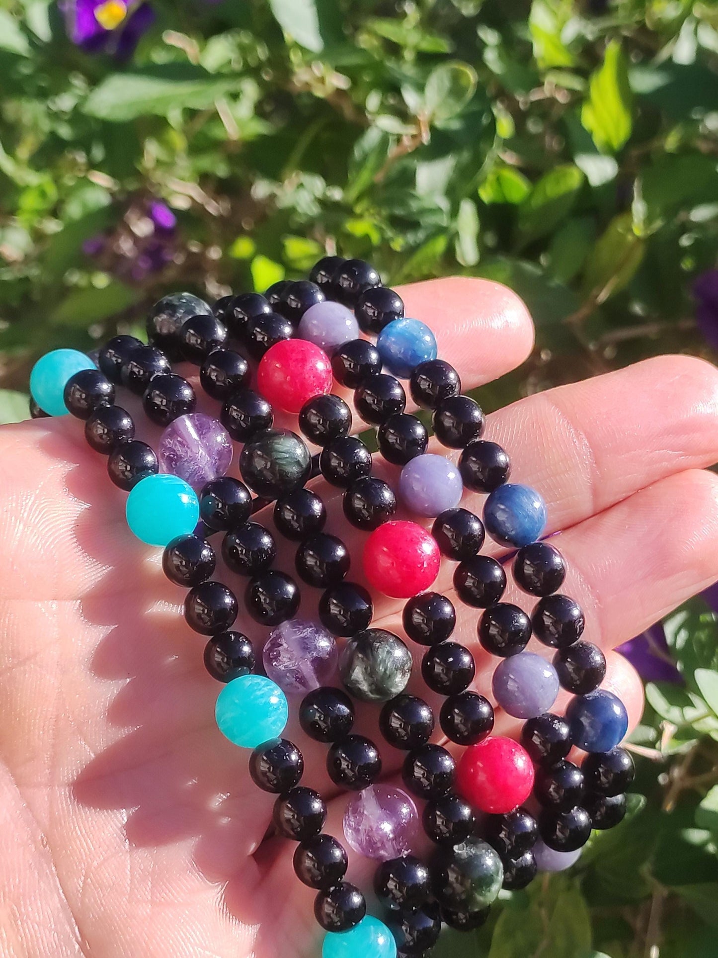 Rhodonit rot + Turmalin (Schorl) AAA *Rarität* - Edelstein Armband Stretch schwarz Perlen Glück Mann Frau Er Sie Geschenk Freund Energie