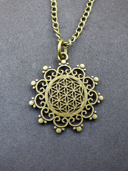 Collier Mandala Fleur de Vie « Fleur / Graine de Vie » Bronze Antique Cadeau pour petite amie, mère, fille, bonheur, hippie, vintage