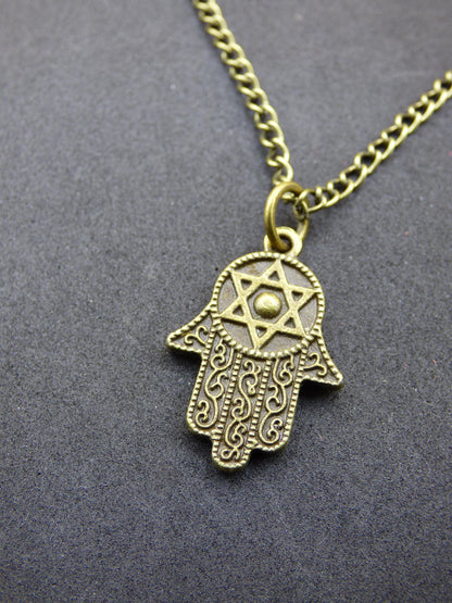 Collier Main de Hamsa en bronze antique - Cadeau idéal pour une petite amie, une mère, une sœur, une fille, pendentif ethnique vintage porte-bonheur au style hippie.