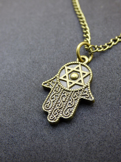 Collier Main de Hamsa en bronze antique - Cadeau idéal pour une petite amie, une mère, une sœur, une fille, pendentif ethnique vintage porte-bonheur au style hippie.
