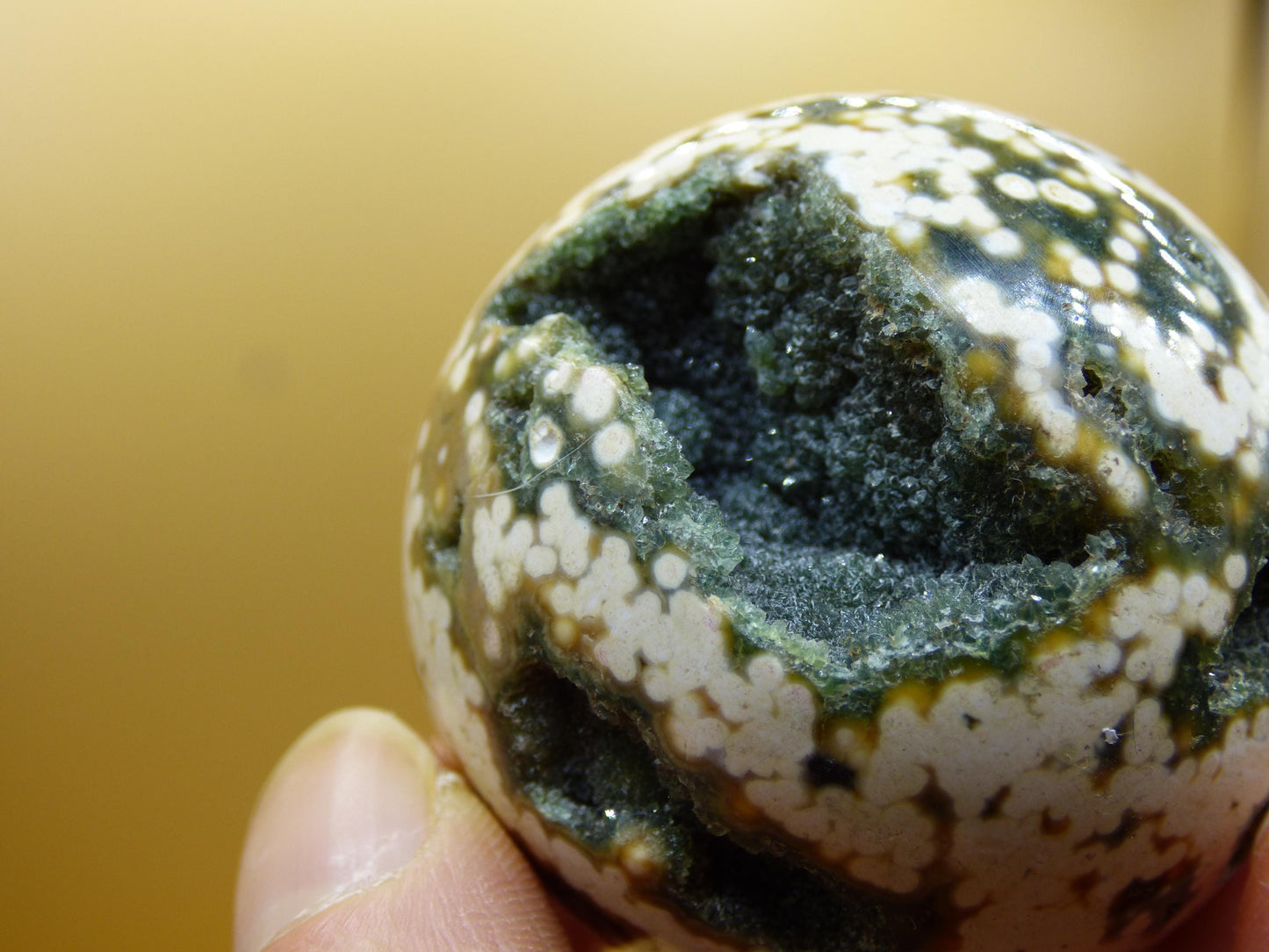 8 Adern Ocean Jaspis Orbicular grün gelb weiß Edelstein Kugel Rarität Natur Heilstein Deko Kristall Geschenk Er Sie Mann Frau Energie Selten