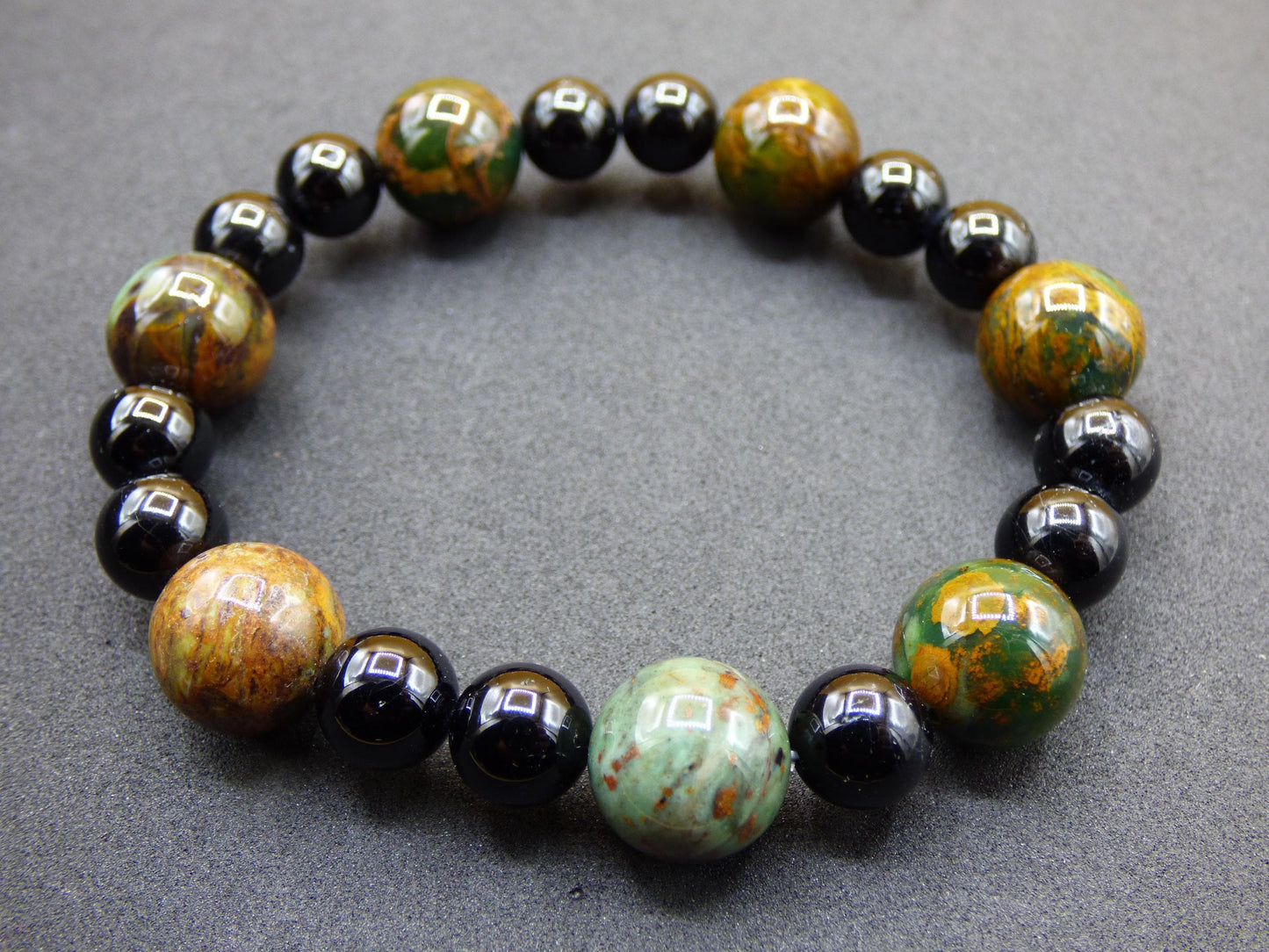 grüner Opal + Turmalin schwarz (Schorl)- Edelstein Armband Stretch Perlen Geschenk Glück Mann Frau Kind Er Sie Freund Energie Chakra