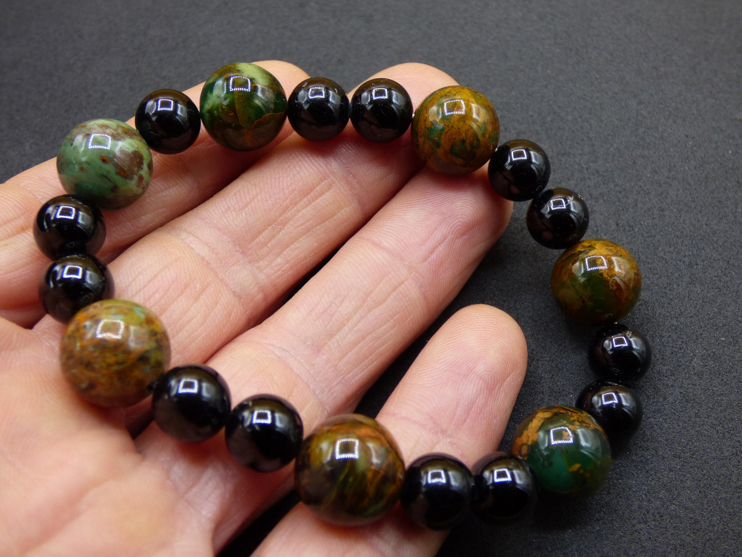 grüner Opal + Turmalin schwarz (Schorl)- Edelstein Armband Stretch Perlen Geschenk Glück Mann Frau Kind Er Sie Freund Energie Chakra