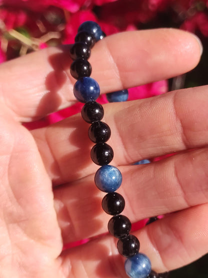Cyanit + Turmalin (Schorl) AAA *Rarität* - Edelstein Armband Stretch blau schwarz Perlen Glück Mann Frau Er Sie Geschenk Freund Energie