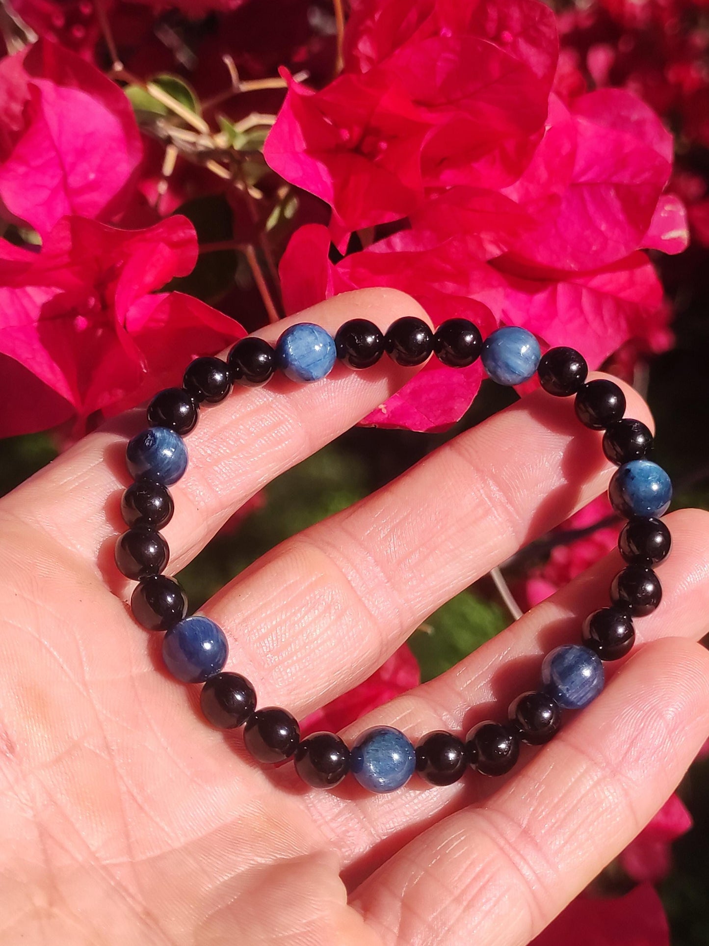Cyanit + Turmalin (Schorl) AAA *Rarität* - Edelstein Armband Stretch blau schwarz Perlen Glück Mann Frau Er Sie Geschenk Freund Energie