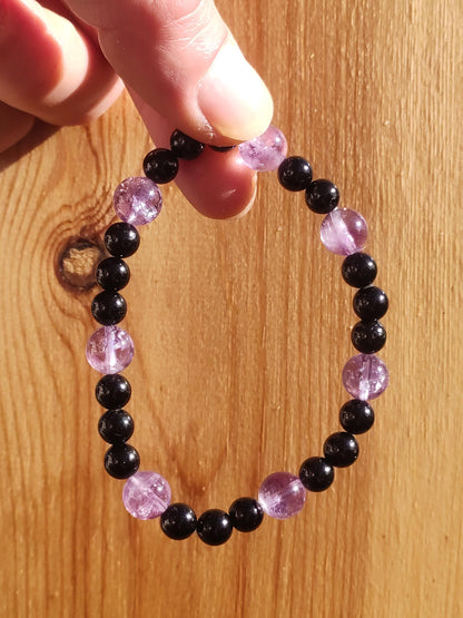 Azeztulite lila + schwarzer Turmalin (Schorl) AAA *Rarität - Edelstein Armband Stretch Perlen Glück Mann Frau Er Sie Geschenk Freund Energie