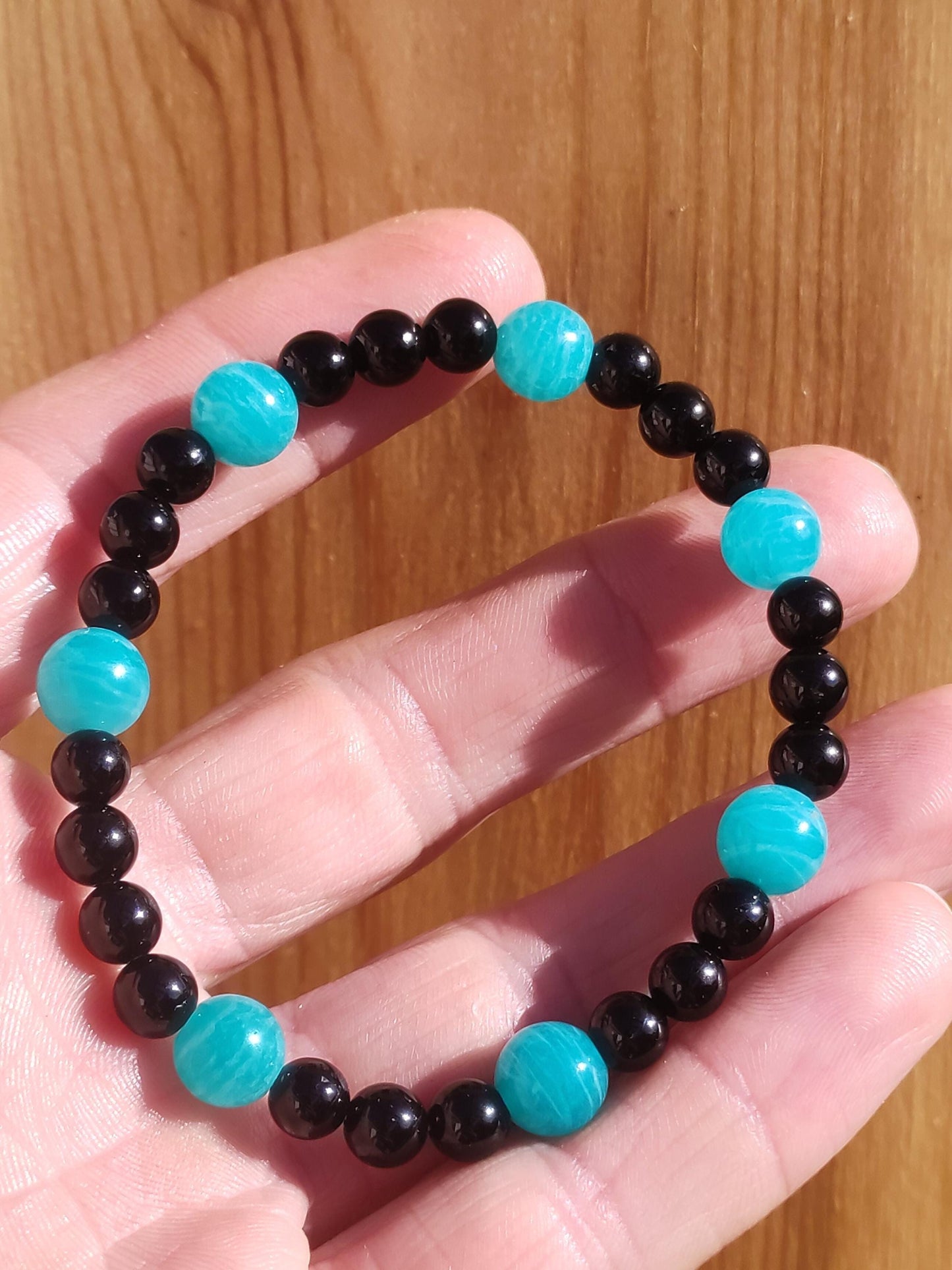 Amazonit + Turmalin (Schorl) AAA *Rarität* - Edelstein Armband Stretch blau schwarz Perlen Glück Mann Frau Er Sie Geschenk Freund Energie