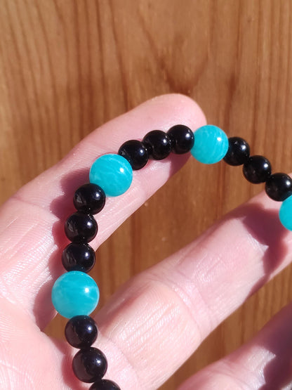 Amazonit + Turmalin (Schorl) AAA *Rarität* - Edelstein Armband Stretch blau schwarz Perlen Glück Mann Frau Er Sie Geschenk Freund Energie