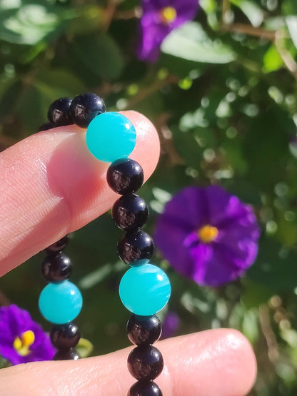 Amazonit + Turmalin (Schorl) AAA *Rarität* - Edelstein Armband Stretch blau schwarz Perlen Glück Mann Frau Er Sie Geschenk Freund Energie