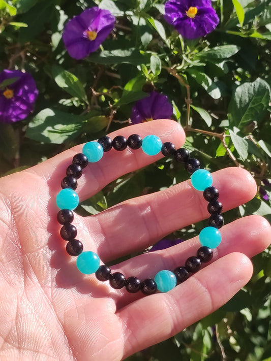 Amazonit + Turmalin (Schorl) AAA *Rarität* - Edelstein Armband Stretch blau schwarz Perlen Glück Mann Frau Er Sie Geschenk Freund Energie