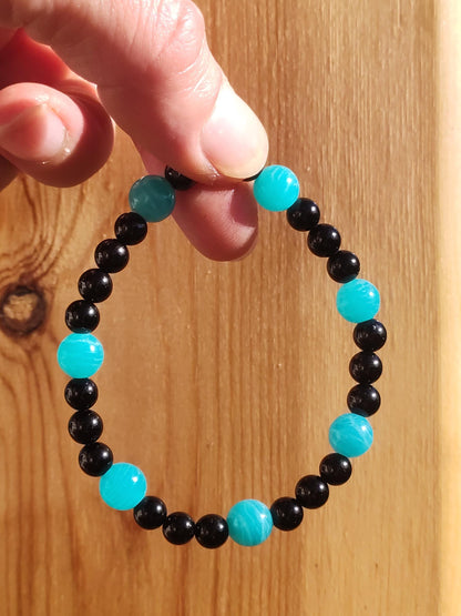 Amazonit + Turmalin (Schorl) AAA *Rarität* - Edelstein Armband Stretch blau schwarz Perlen Glück Mann Frau Er Sie Geschenk Freund Energie