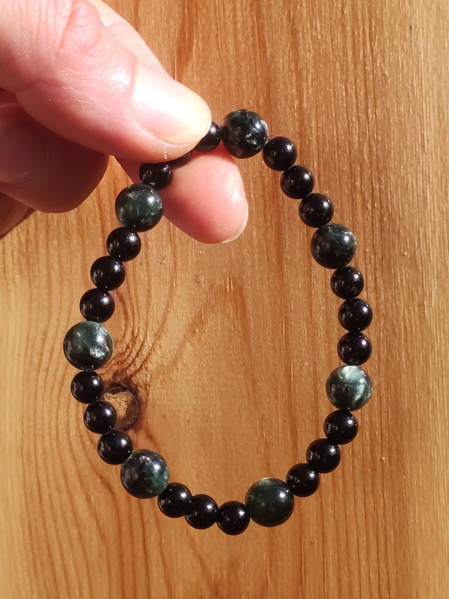 Seraphinite + Turmalin (Schorl) AAA *Rarität* - Edelstein Armband Stretch grün schwarz Perlen Glück Mann Frau Er Sie Geschenk Freund Energie