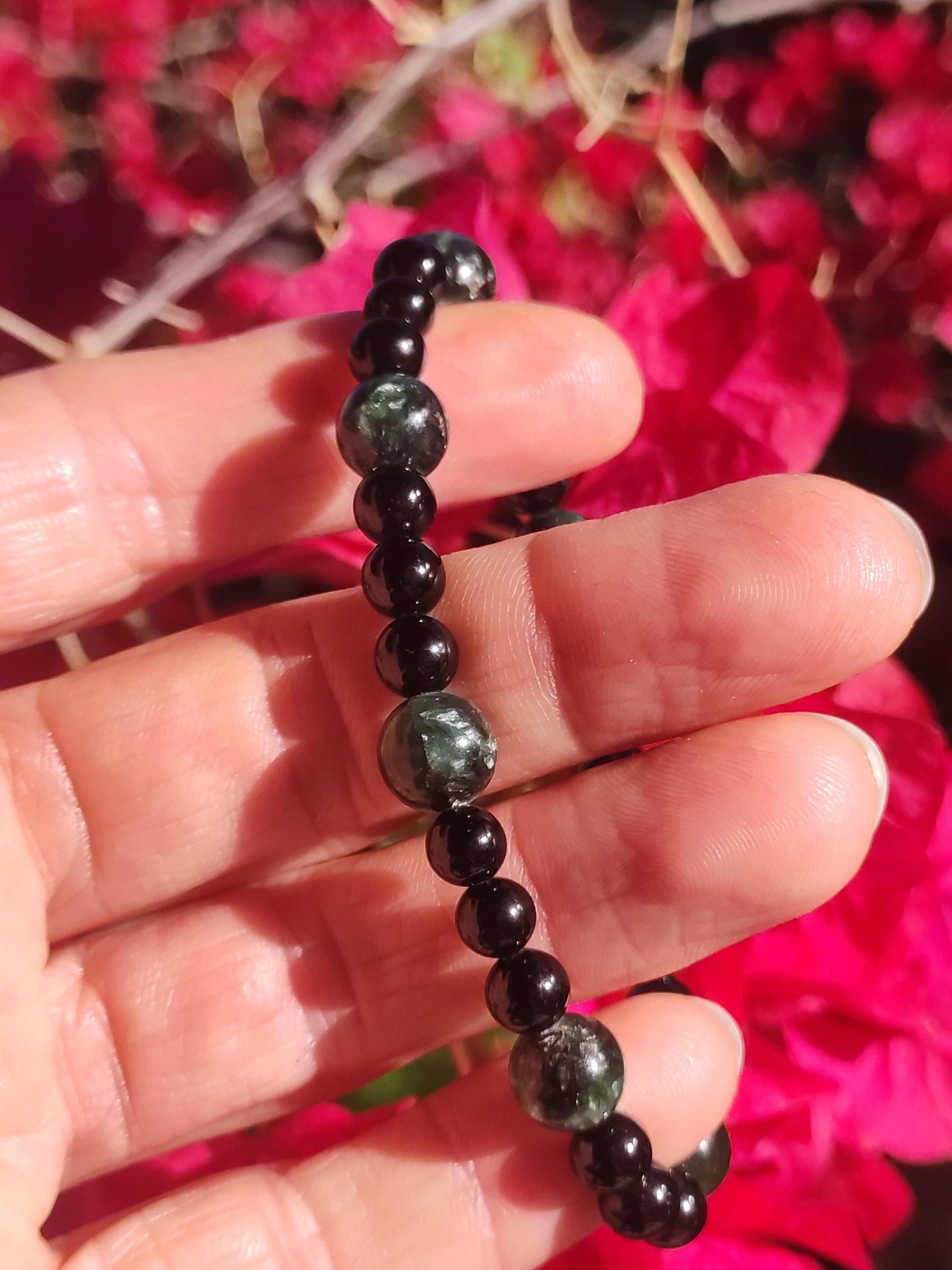 Seraphinite + Turmalin (Schorl) AAA *Rarität* - Edelstein Armband Stretch grün schwarz Perlen Glück Mann Frau Er Sie Geschenk Freund Energie