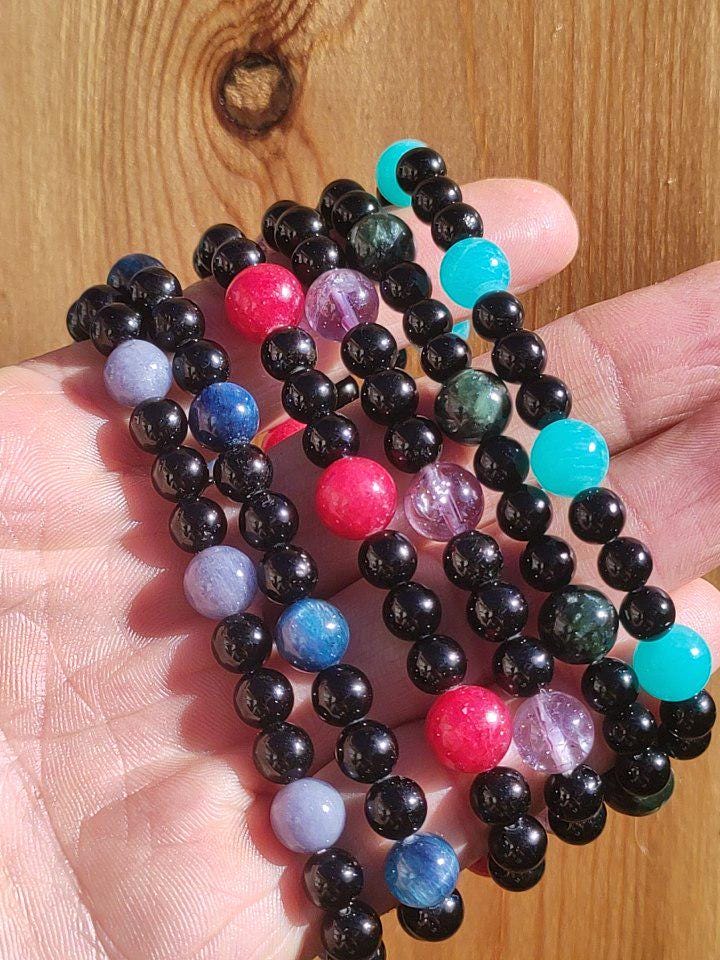 Rhodonit rot + Turmalin (Schorl) AAA *Rarität* - Edelstein Armband Stretch schwarz Perlen Glück Mann Frau Er Sie Geschenk Freund Energie