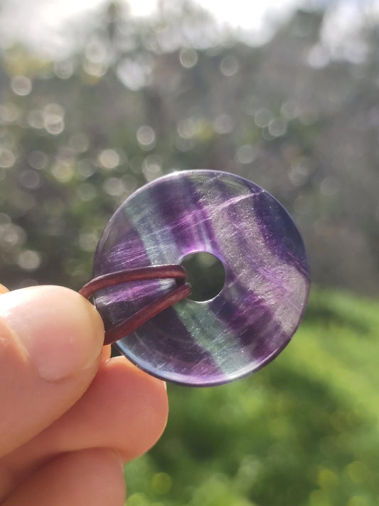 Rainbow Fluorite 30mm Donut - Gemstone Necklace for Women, Men, and Children - Hippie, Goa, Boho, Ethnic, Nature, Protection Symbol Pendant, Healing Stone, Energy Gift