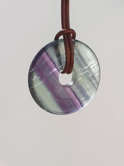 Rainbow Fluorite 30mm Donut - Gemstone Necklace for Women, Men, and Children - Hippie, Goa, Boho, Ethnic, Nature, Protection Symbol Pendant, Healing Stone, Energy Gift