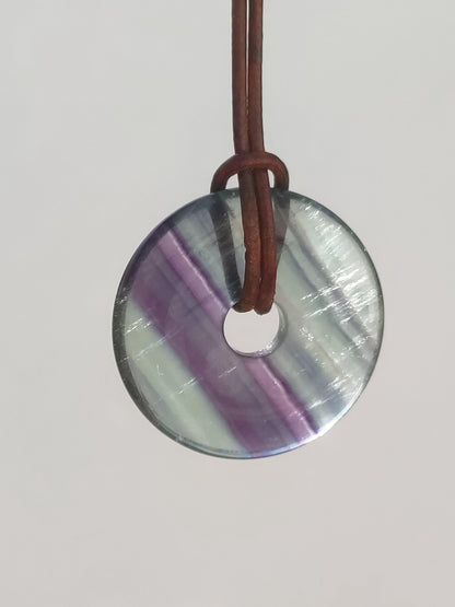 Rainbow Fluorite 30mm Donut - Gemstone Necklace for Women, Men, and Children - Hippie, Goa, Boho, Ethnic, Nature, Protection Symbol Pendant, Healing Stone, Energy Gift