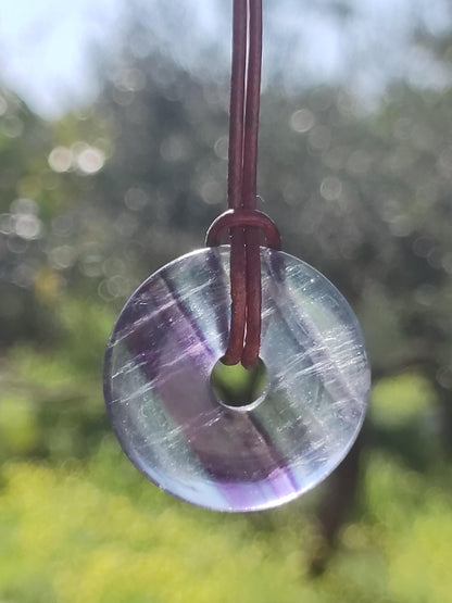 Rainbow Fluorite 30mm Donut - Gemstone Necklace for Women, Men, and Children - Hippie, Goa, Boho, Ethnic, Nature, Protection Symbol Pendant, Healing Stone, Energy Gift