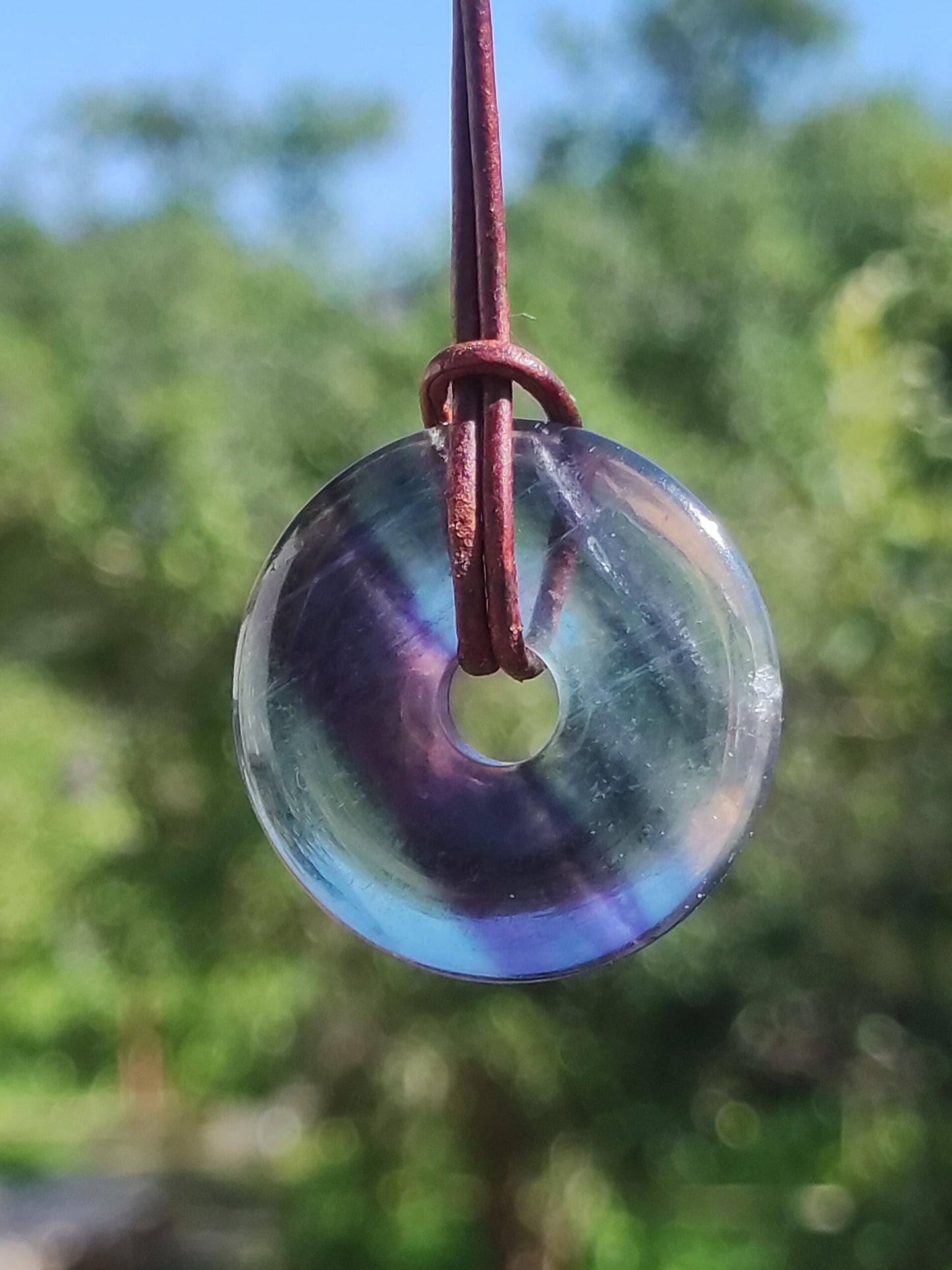 Rainbow Fluorite 30mm Donut - Gemstone Necklace for Women, Men, and Children - Hippie, Goa, Boho, Ethnic, Nature, Protection Symbol Pendant, Healing Stone, Energy Gift