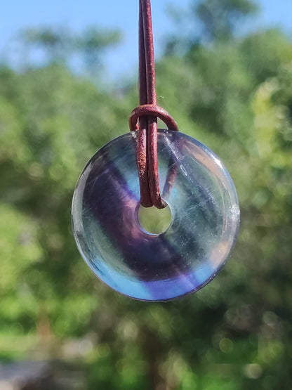 Rainbow Fluorite 30mm Donut - Gemstone Necklace for Women, Men, and Children - Hippie, Goa, Boho, Ethnic, Nature, Protection Symbol Pendant, Healing Stone, Energy Gift