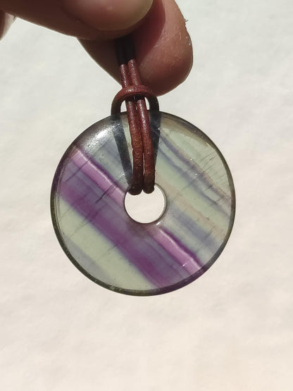 Rainbow Fluorite 30mm Donut - Gemstone Necklace for Women, Men, and Children - Hippie, Goa, Boho, Ethnic, Nature, Protection Symbol Pendant, Healing Stone, Energy Gift