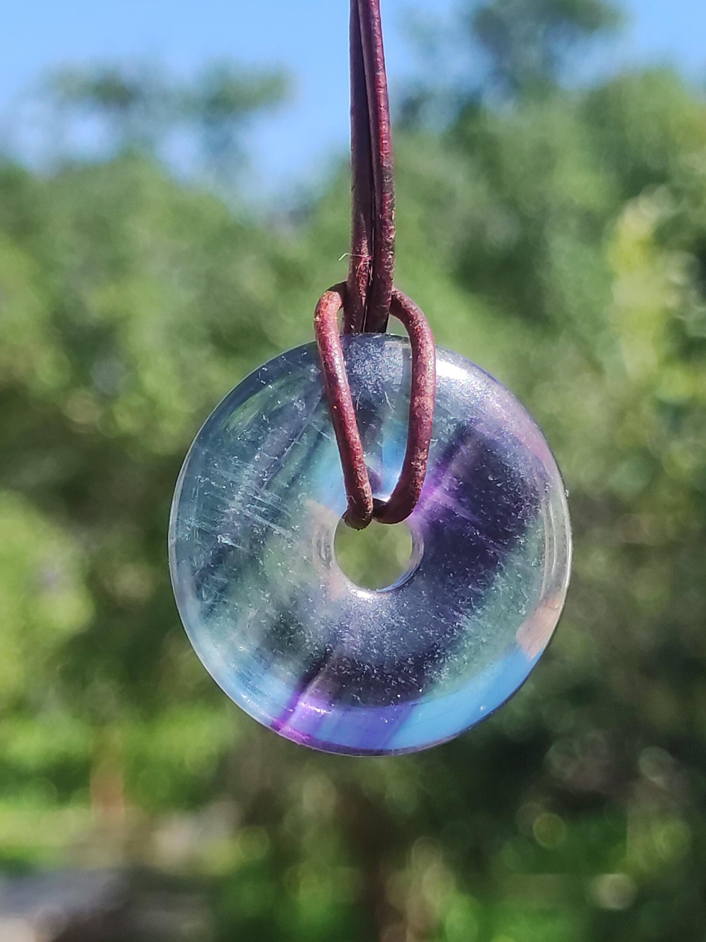 Rainbow Fluorite 30mm Donut - Gemstone Necklace for Women, Men, and Children - Hippie, Goa, Boho, Ethnic, Nature, Protection Symbol Pendant, Healing Stone, Energy Gift