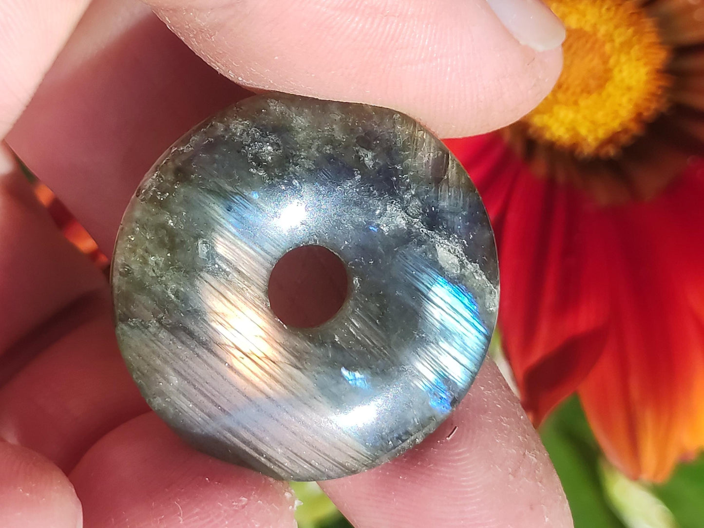 Labradorite ~ Donut 30mm ~ Collier de pierres précieuses Bleu Chatoyant Rareté Naturelle Protection Symbole Pierre de Guérison Cristal HIPPIE GOA Boho Tibet Ethno