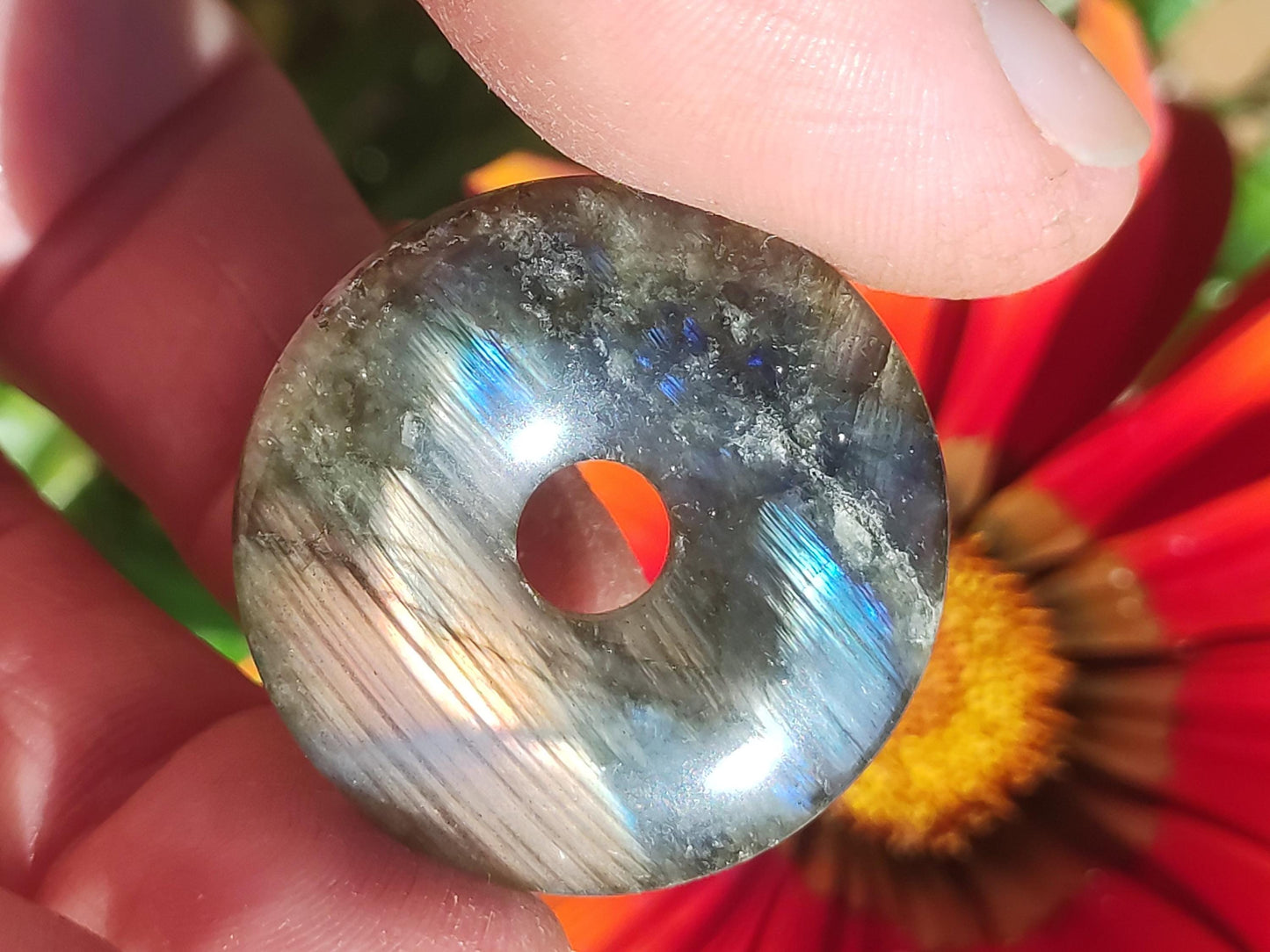 Labradorite ~ Donut 30mm ~ Collier de pierres précieuses Bleu Chatoyant Rareté Naturelle Protection Symbole Pierre de Guérison Cristal HIPPIE GOA Boho Tibet Ethno