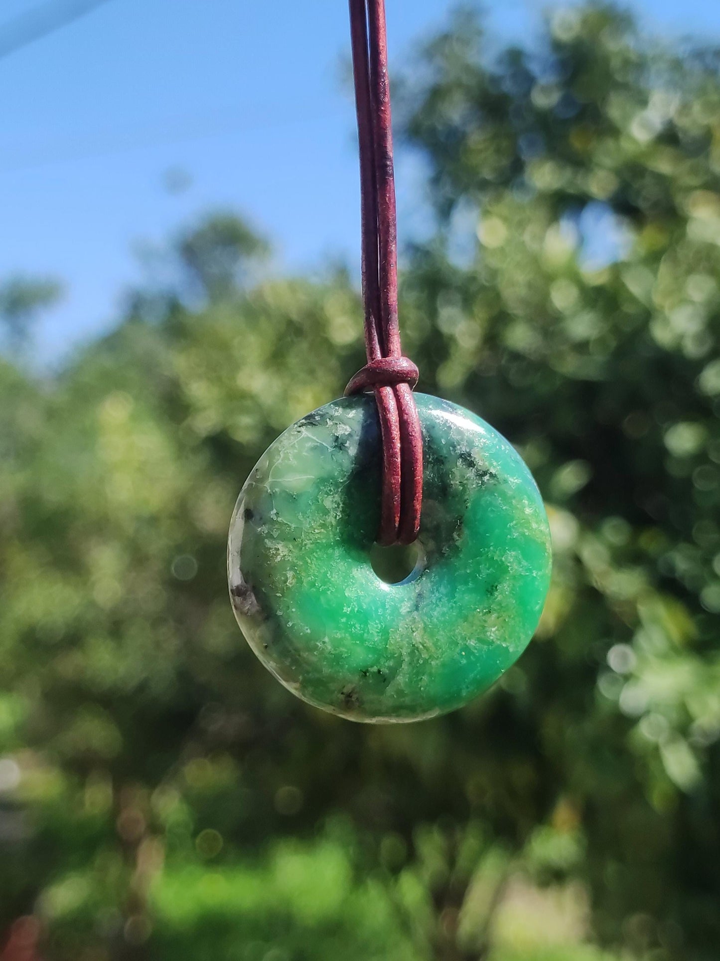 Variscite 30mm Collier de pierres précieuses Donut Pi Disque Rond Pierre de Guérison Vert Rareté Naturelle Cadeau Homme Femme Lui Son Ami Frère Pendentif Chanceux