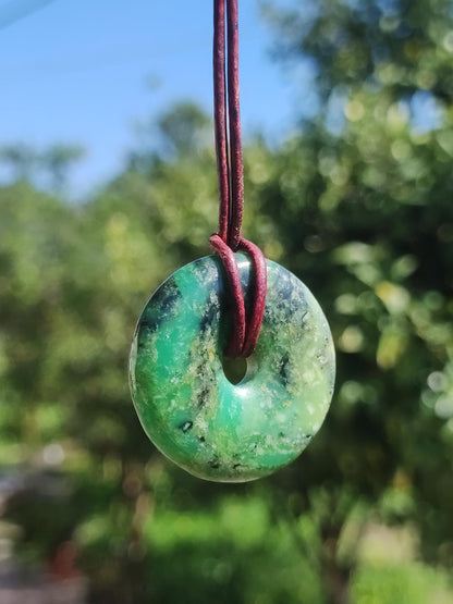 Variscite 30mm Collier de pierres précieuses Donut Pi Disque Rond Pierre de Guérison Vert Rareté Naturelle Cadeau Homme Femme Lui Son Ami Frère Pendentif Chanceux