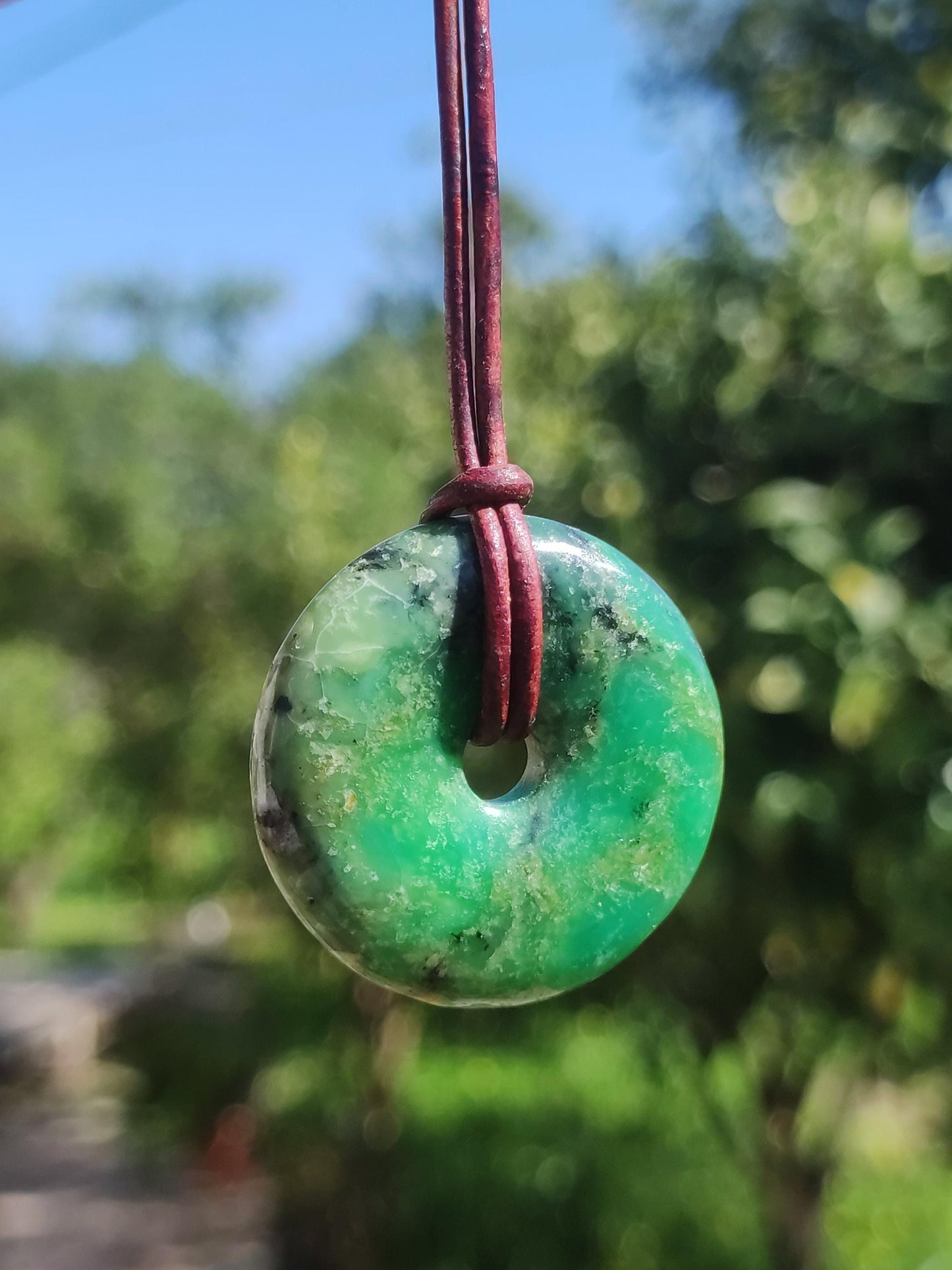 Variscite 30mm Collier de pierres précieuses Donut Pi Disque Rond Pierre de Guérison Vert Rareté Naturelle Cadeau Homme Femme Lui Son Ami Frère Pendentif Chanceux