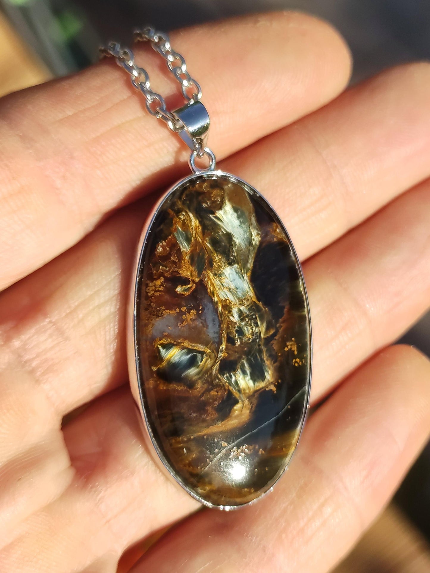 Pietersite or - Collier de pierres précieuses en argent sterling 925 Protection de la nature Rareté Pierre de guérison Cristal Homme Femme Cadeau He She Réflexion chatoyante