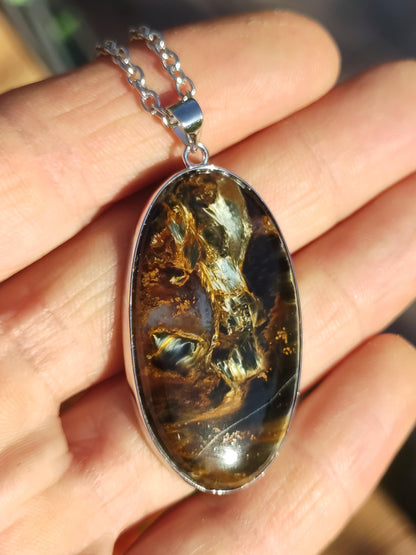 Pietersite or - Collier de pierres précieuses en argent sterling 925 Protection de la nature Rareté Pierre de guérison Cristal Homme Femme Cadeau He She Réflexion chatoyante