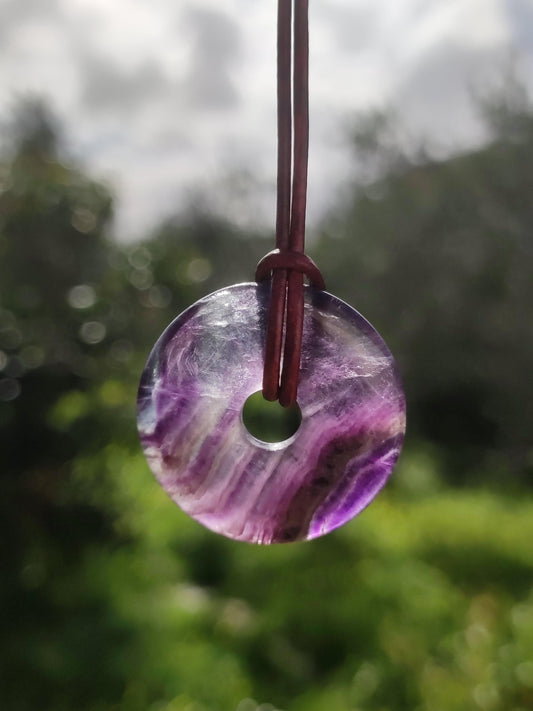 Rainbow Fluorite 30mm Donut - Gemstone Necklace for Women, Men, and Children - Hippie, Goa, Boho, Ethnic, Nature, Protection Symbol Pendant, Healing Stone, Energy Gift