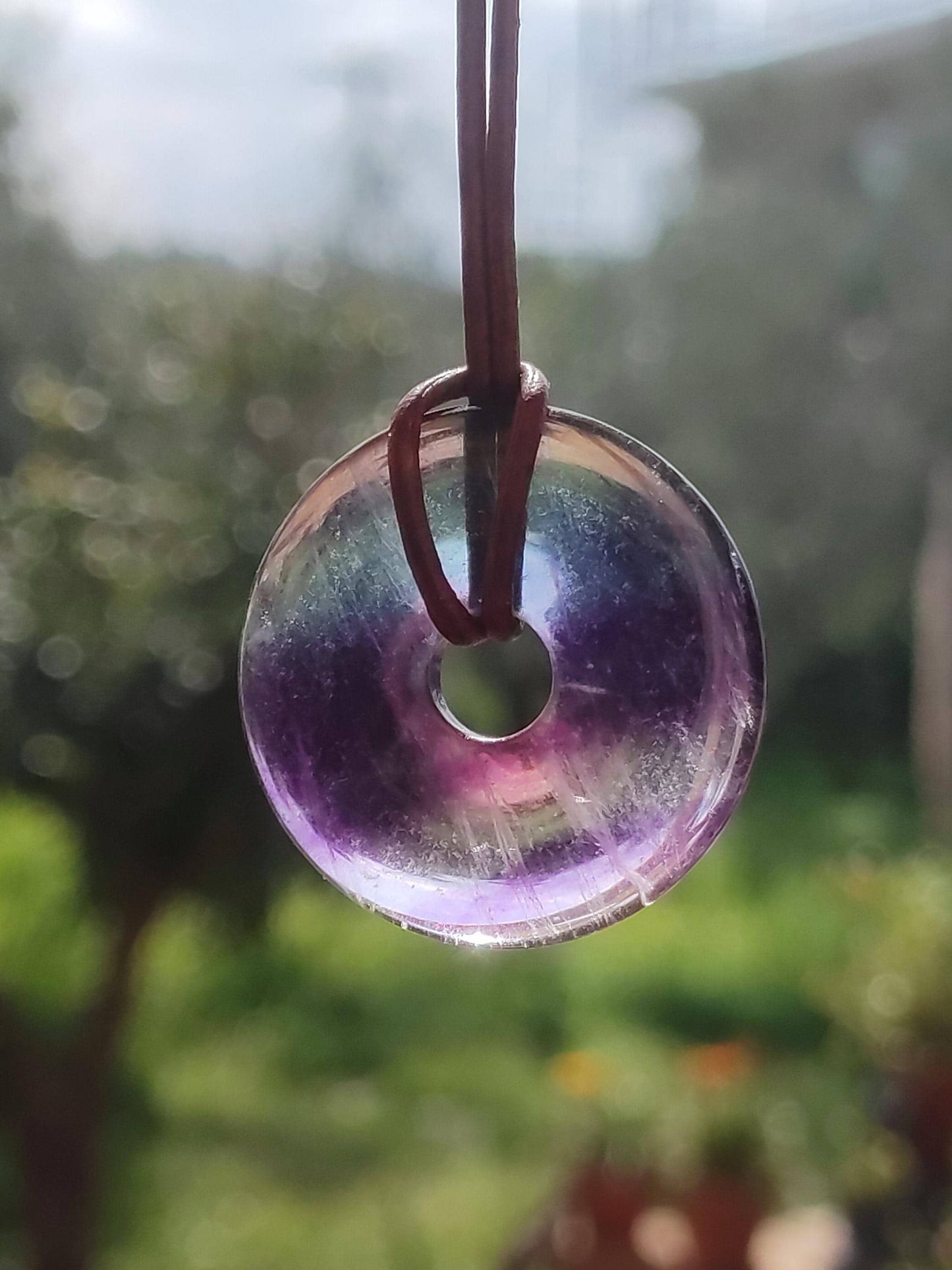 Rainbow Fluorite 30mm Donut - Gemstone Necklace for Women, Men, and Children - Hippie, Goa, Boho, Ethnic, Nature, Protection Symbol Pendant, Healing Stone, Energy Gift