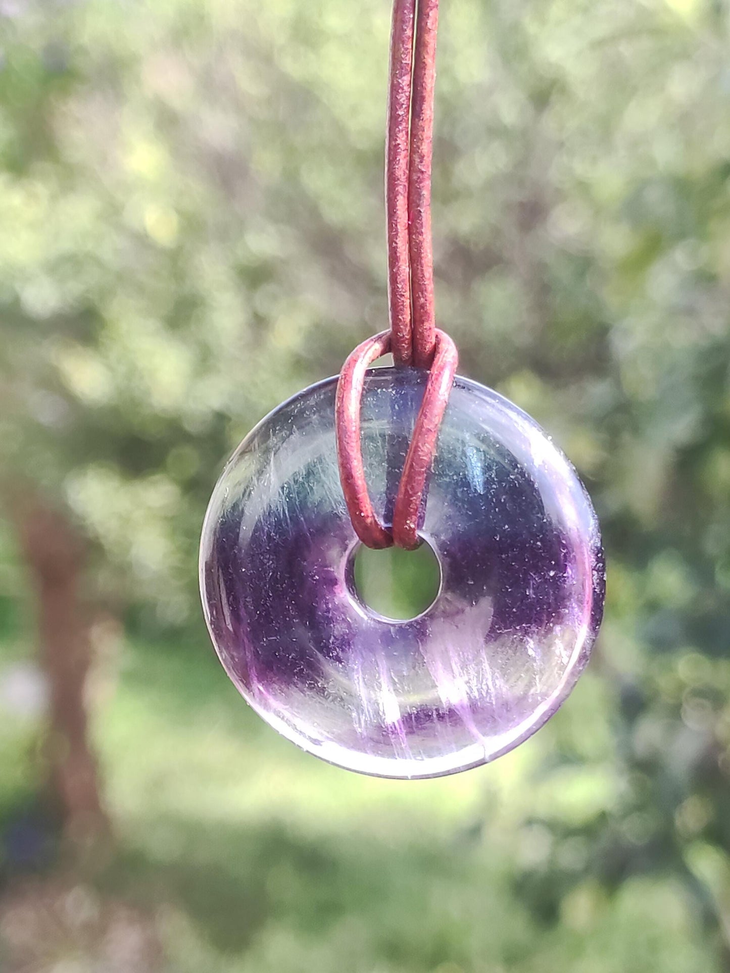 Rainbow Fluorite 30mm Donut - Gemstone Necklace for Women, Men, and Children - Hippie, Goa, Boho, Ethnic, Nature, Protection Symbol Pendant, Healing Stone, Energy Gift