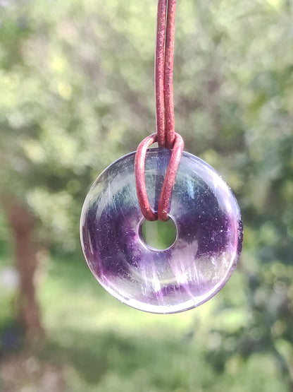 Rainbow Fluorite 30mm Donut - Gemstone Necklace for Women, Men, and Children - Hippie, Goa, Boho, Ethnic, Nature, Protection Symbol Pendant, Healing Stone, Energy Gift
