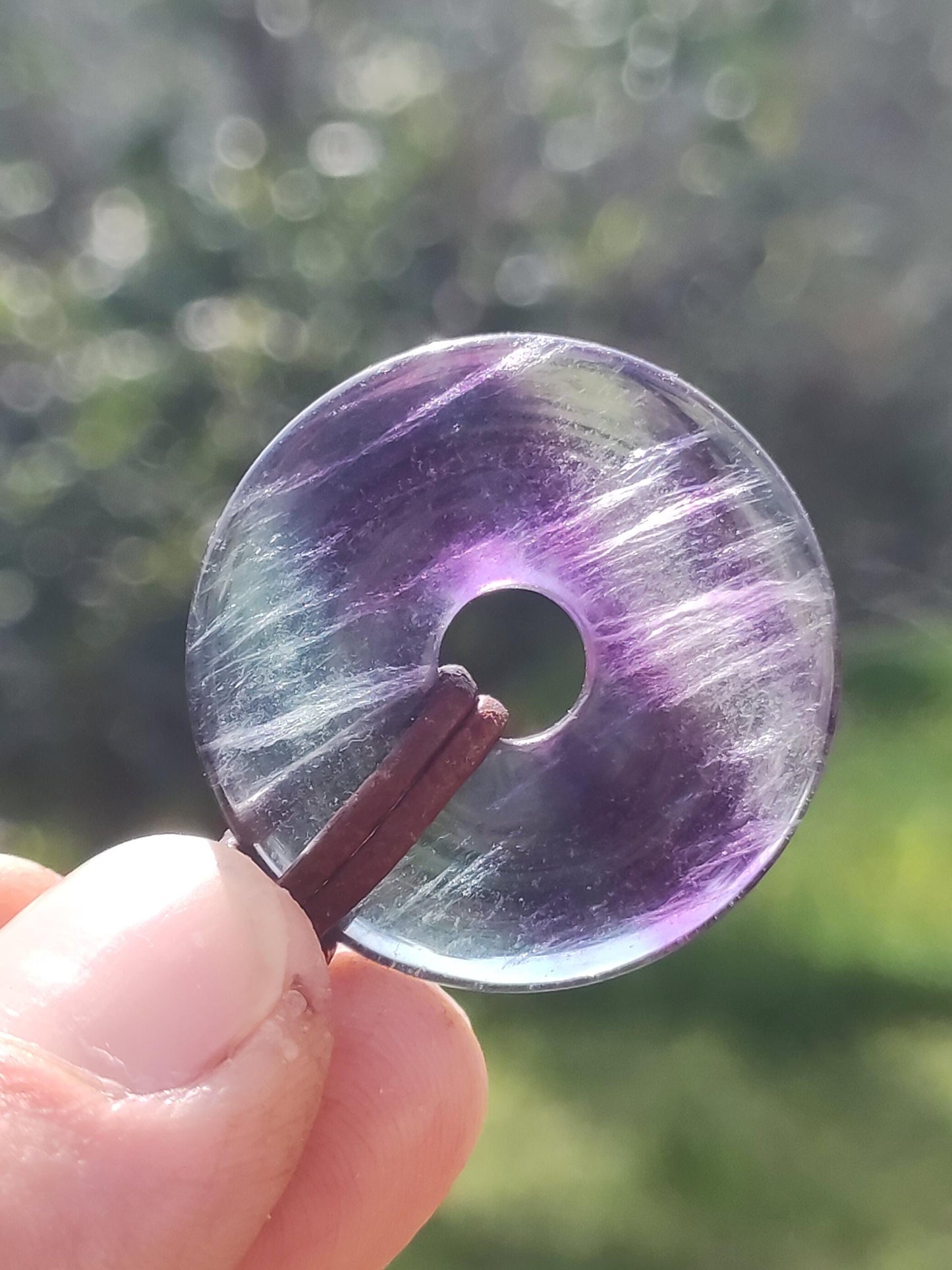 Rainbow Fluorite 30mm Donut - Gemstone Necklace for Women, Men, and Children - Hippie, Goa, Boho, Ethnic, Nature, Protection Symbol Pendant, Healing Stone, Energy Gift