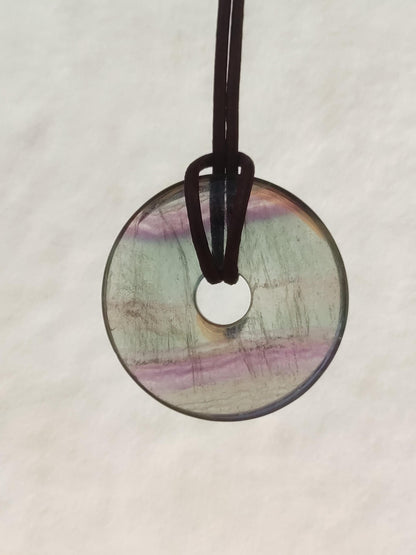 Rainbow Fluorite 30mm Donut - Gemstone Necklace for Women, Men, and Children - Hippie, Goa, Boho, Ethnic, Nature, Protection Symbol Pendant, Healing Stone, Energy Gift