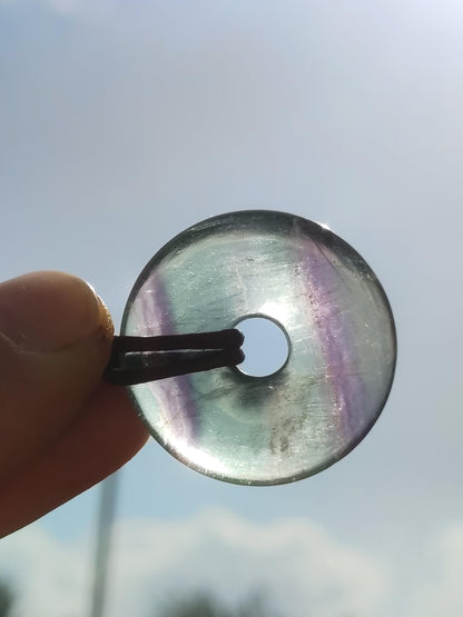 Rainbow Fluorite 30mm Donut - Gemstone Necklace for Women, Men, and Children - Hippie, Goa, Boho, Ethnic, Nature, Protection Symbol Pendant, Healing Stone, Energy Gift