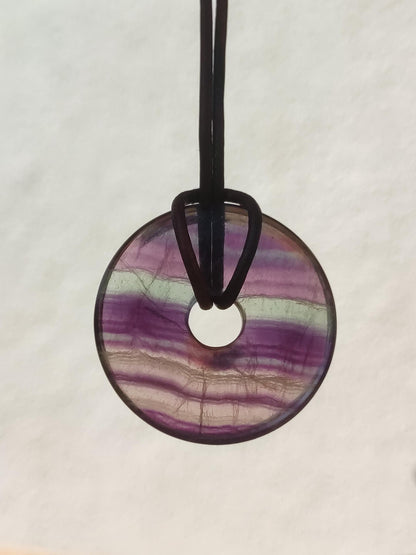 Rainbow Fluorite 30mm Donut - Gemstone Necklace for Women, Men, and Children - Hippie, Goa, Boho, Ethnic, Nature, Protection Symbol Pendant, Healing Stone, Energy Gift