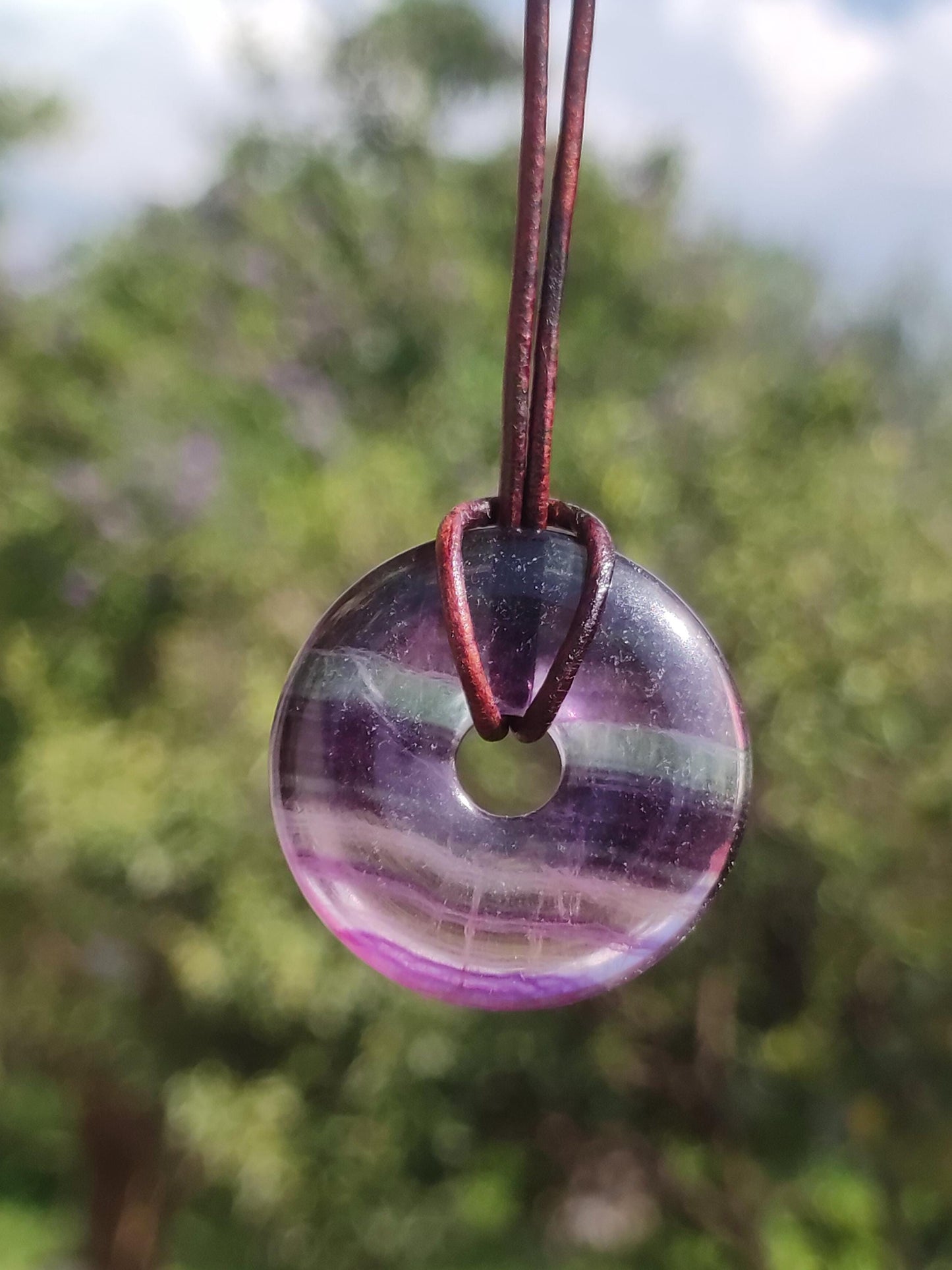 Rainbow Fluorite 30mm Donut - Gemstone Necklace for Women, Men, and Children - Hippie, Goa, Boho, Ethnic, Nature, Protection Symbol Pendant, Healing Stone, Energy Gift