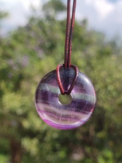 Rainbow Fluorite 30mm Donut - Gemstone Necklace for Women, Men, and Children - Hippie, Goa, Boho, Ethnic, Nature, Protection Symbol Pendant, Healing Stone, Energy Gift