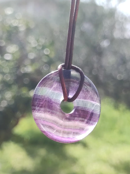 Rainbow Fluorite 30mm Donut - Gemstone Necklace for Women, Men, and Children - Hippie, Goa, Boho, Ethnic, Nature, Protection Symbol Pendant, Healing Stone, Energy Gift
