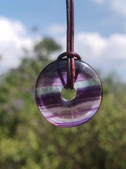 Rainbow Fluorite 30mm Donut - Gemstone Necklace for Women, Men, and Children - Hippie, Goa, Boho, Ethnic, Nature, Protection Symbol Pendant, Healing Stone, Energy Gift