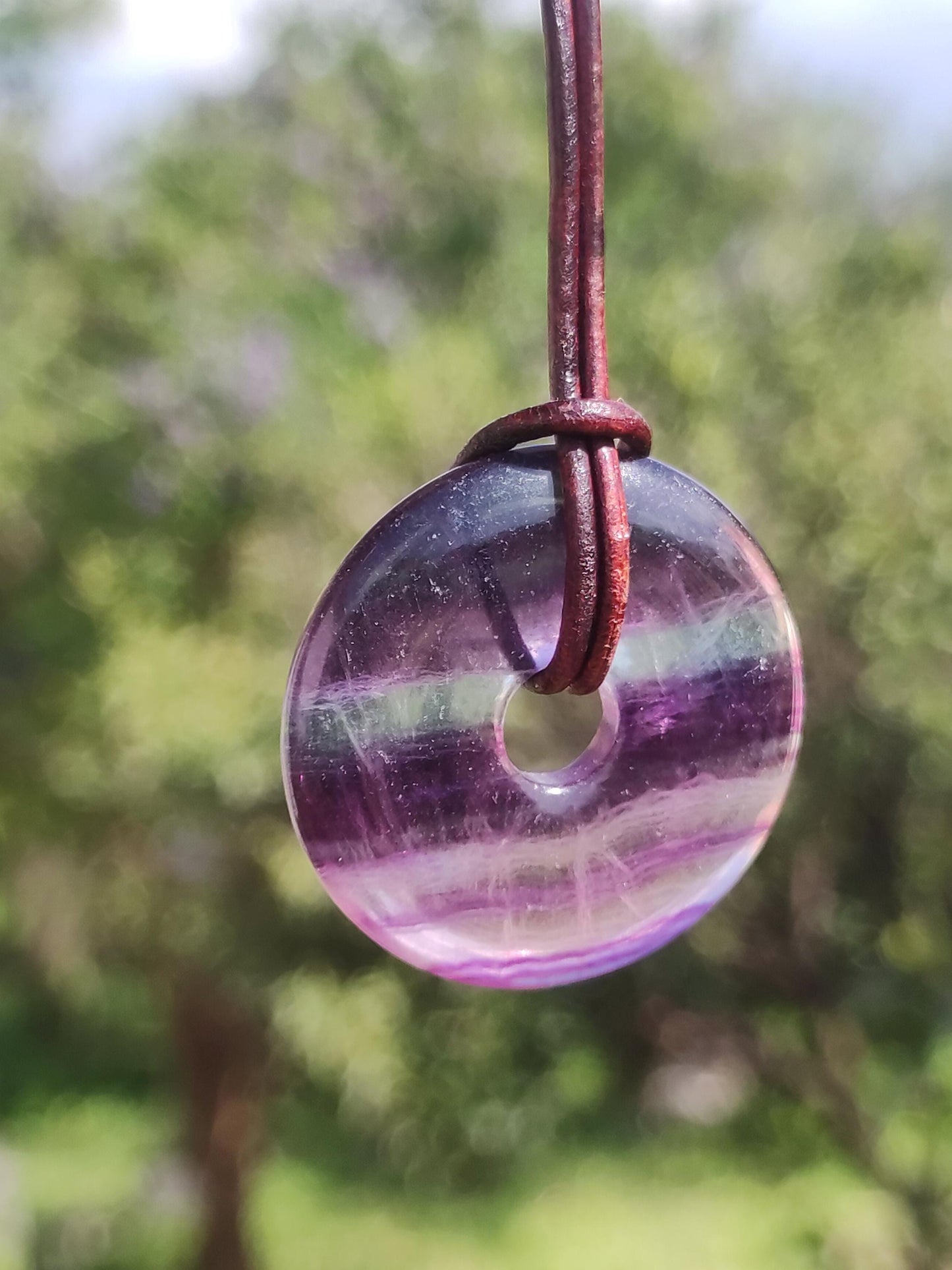 Rainbow Fluorite 30mm Donut - Gemstone Necklace for Women, Men, and Children - Hippie, Goa, Boho, Ethnic, Nature, Protection Symbol Pendant, Healing Stone, Energy Gift