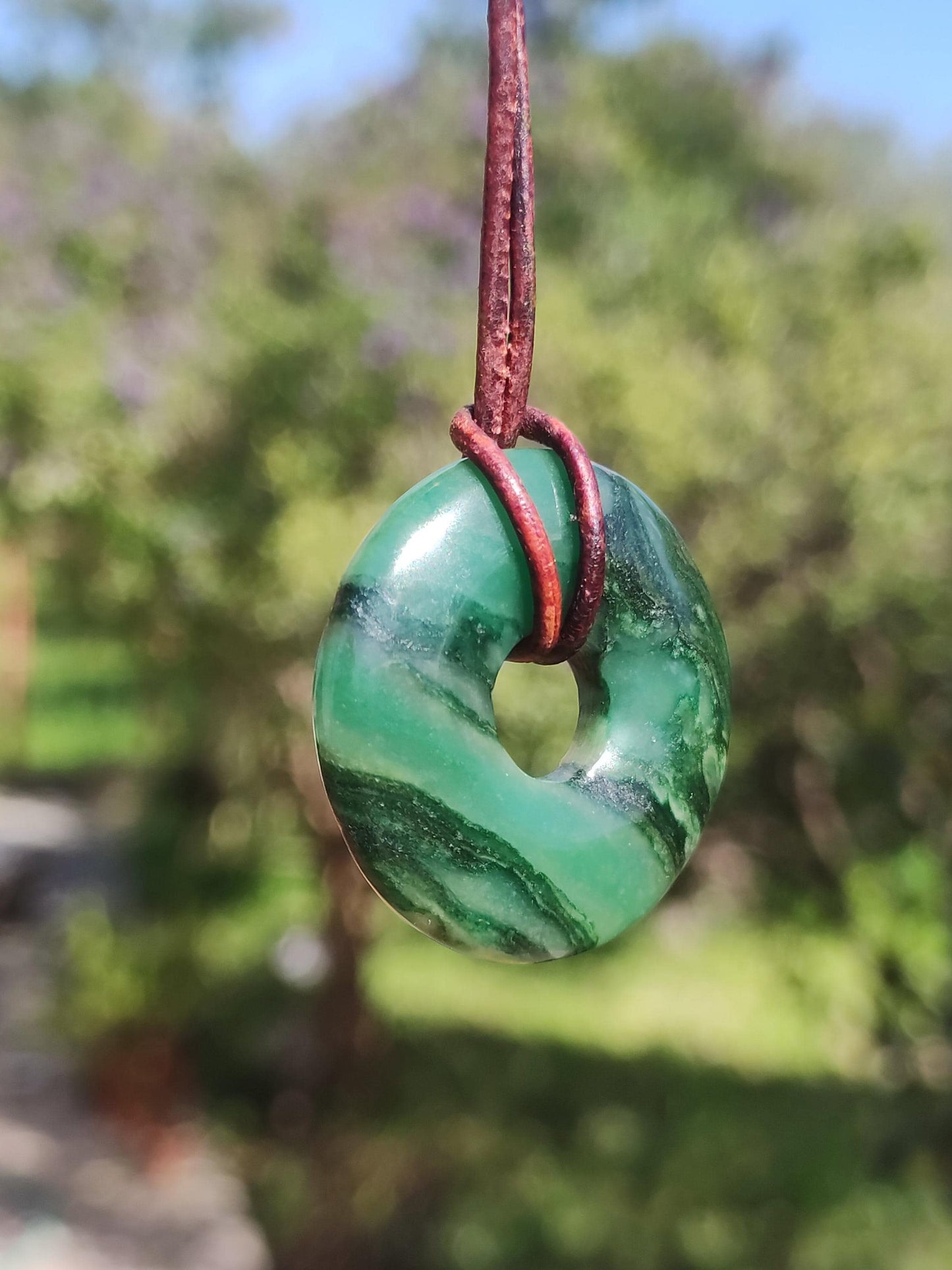 Africa Jade 30mm ~ Gemstone Donut Necklace Green Natural Goa HIPPIE Healing Stone Crystals Pendant Man Woman Child Gift He Her Brother Sister