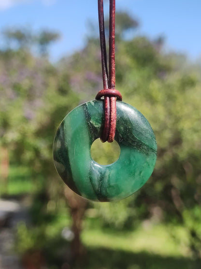 Africa Jade 30mm ~ Gemstone Donut Necklace Green Natural Goa HIPPIE Healing Stone Crystals Pendant Man Woman Child Gift He Her Brother Sister