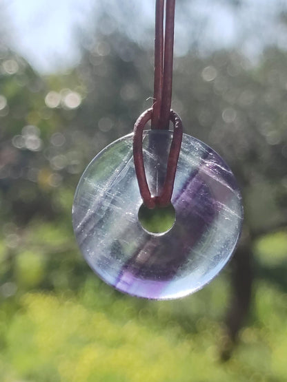 Rainbow Fluorite 30mm Donut - Gemstone Necklace for Women, Men, and Children - Hippie, Goa, Boho, Ethnic, Nature, Protection Symbol Pendant, Healing Stone, Energy Gift